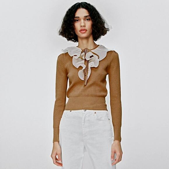 ZARA Knit Top with Ruffle Tie NWT | Brown Long Sleeve Contrast Collar M - Picture 7 of 16